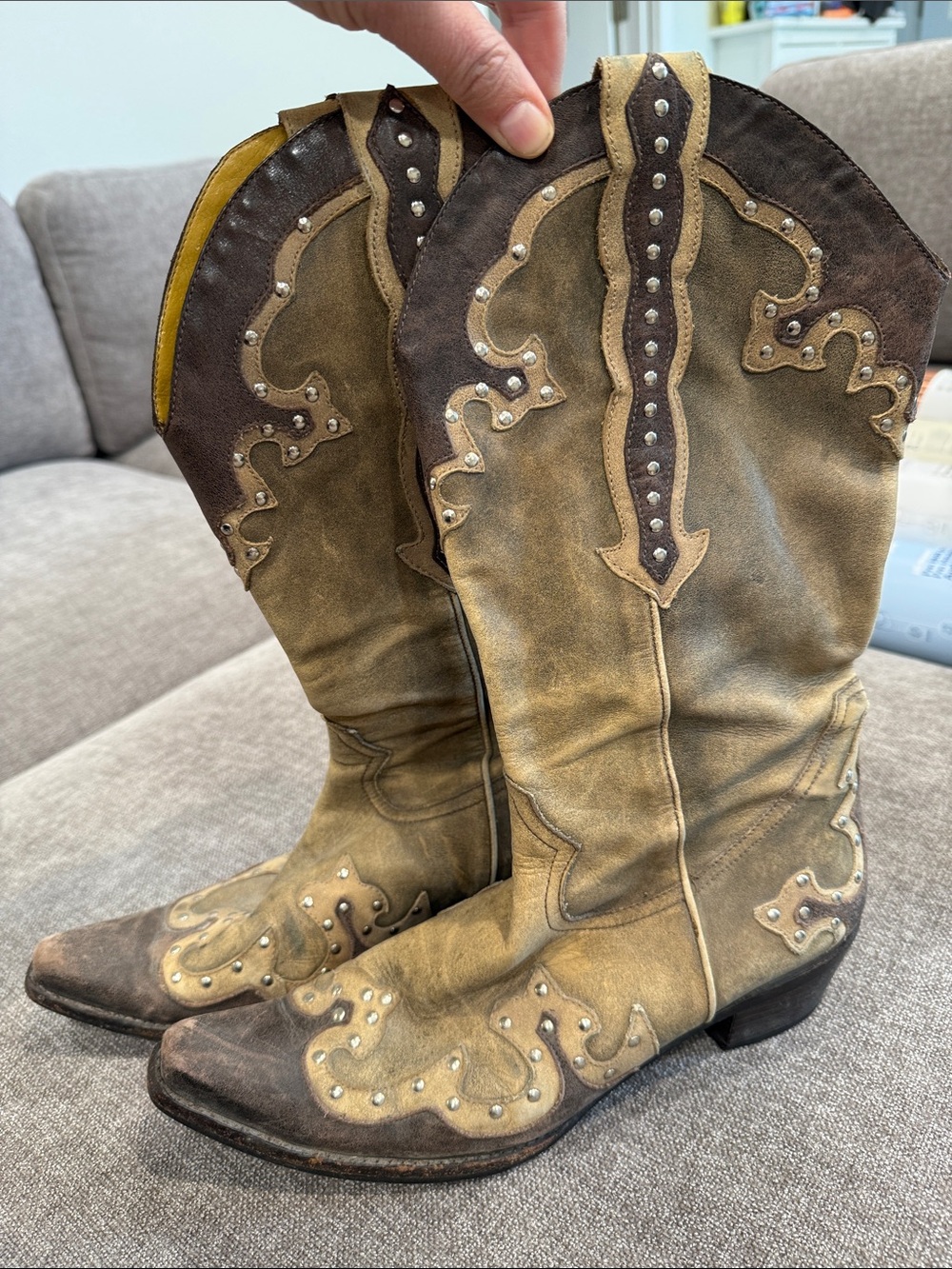 GIanni Bini Handcrafted Studded Western Cowboy Boots - Brown/Tan